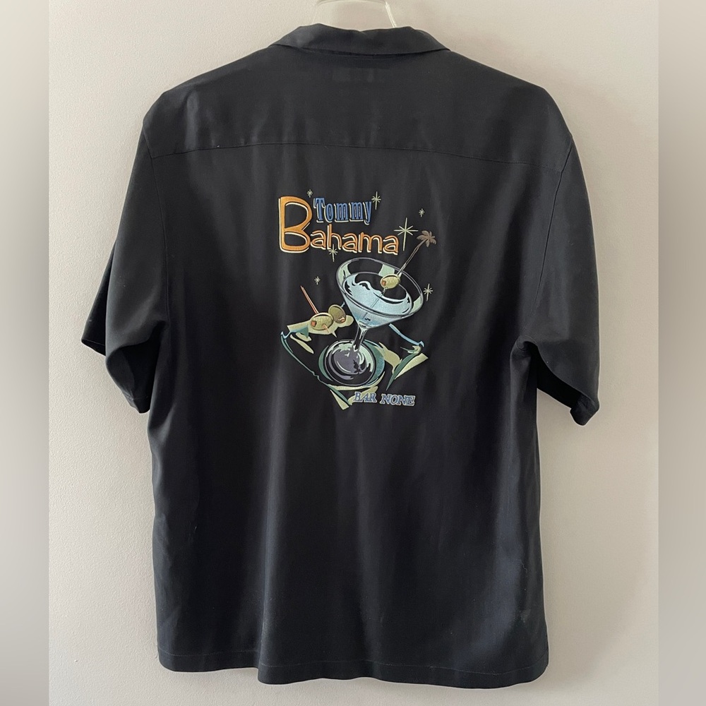 Tommy Bahama Bar None Black Silk Embroidered Button Front Shirt Large